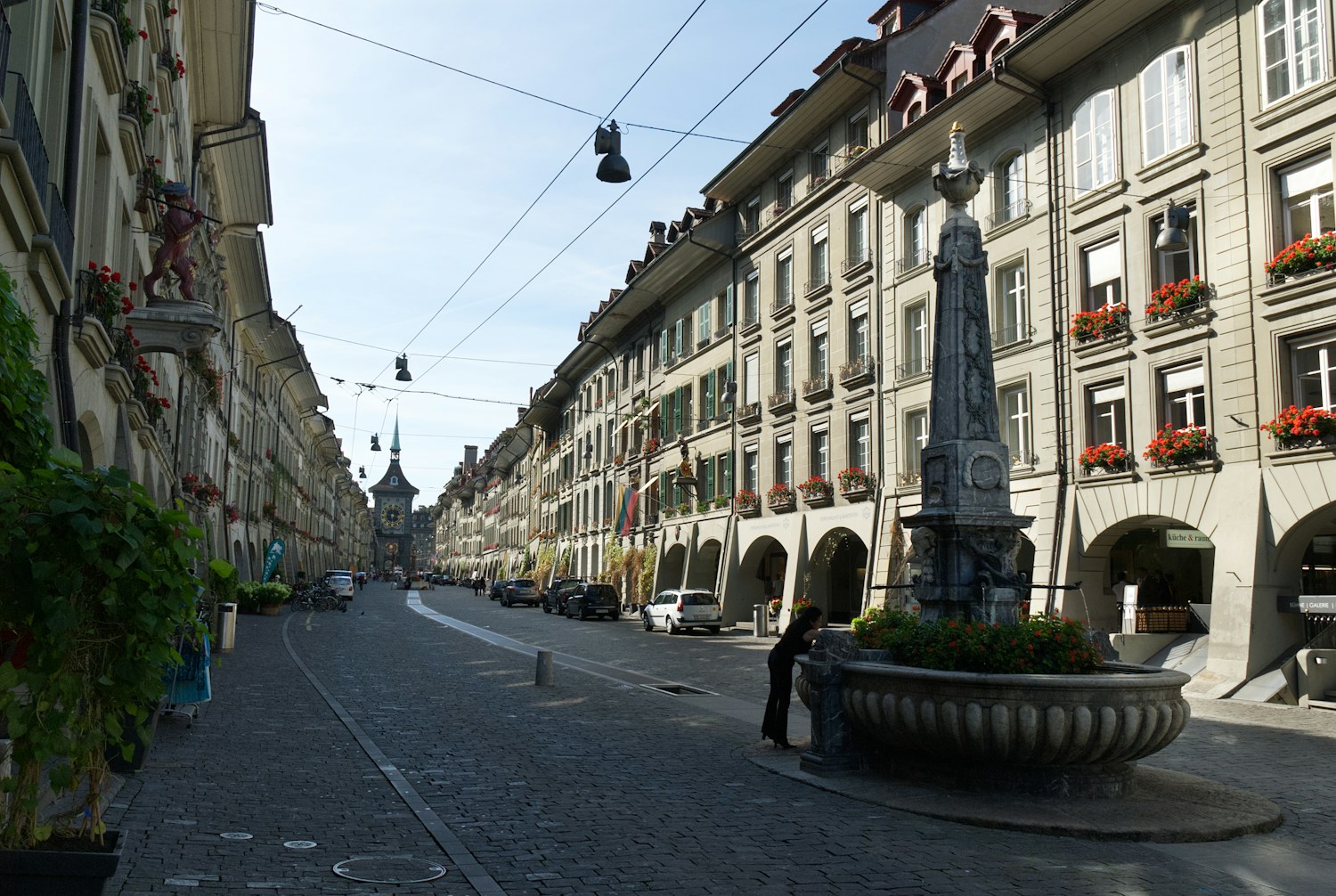 Historic Kramgasse in Bern with Zytglogge in the distance