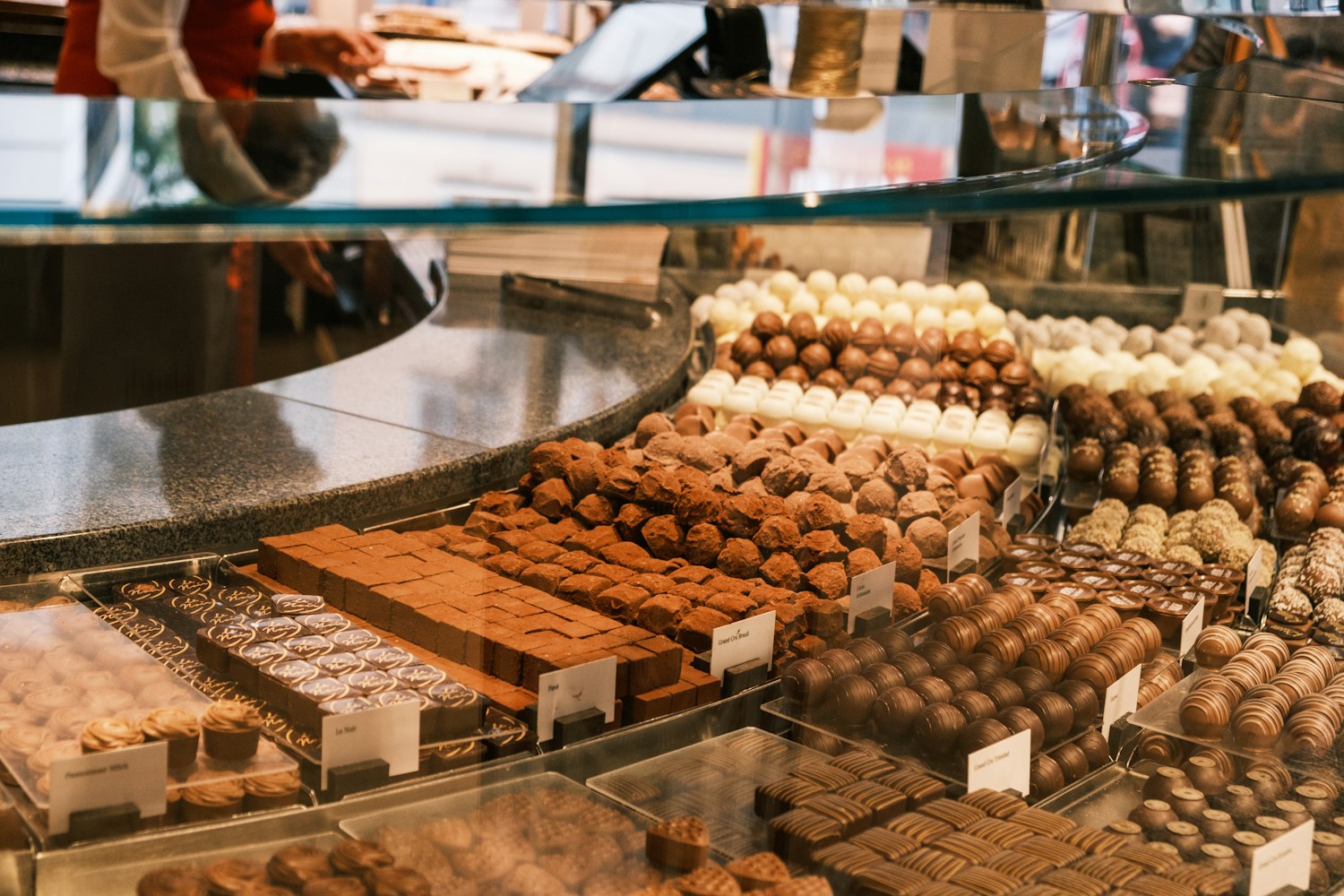 A display of Swiss chocolate pralines in Lucerne